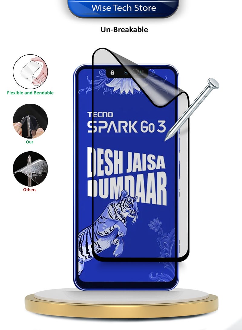 دبليو تيك واقي شاشة مرن مطفي كامل الالتصاق من السيراميك النانو لهاتف Tecno Spark Go 3 4G 2026 بريميوم - شفاف/أسود (MSCNMN) - Image 3